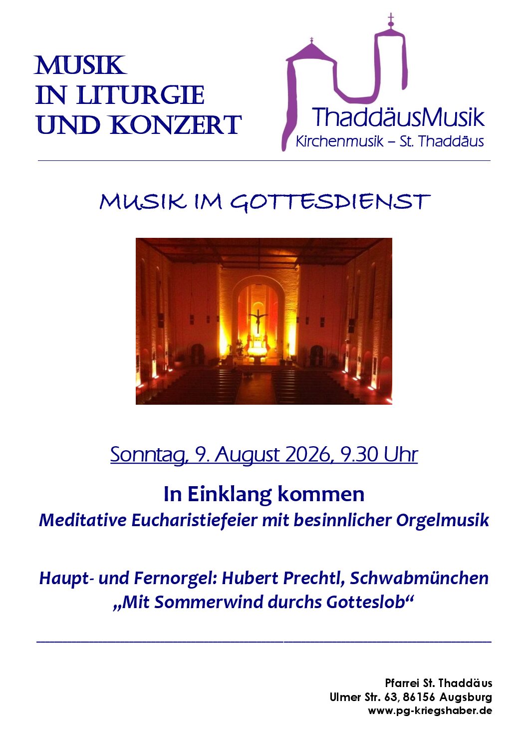 Meditativer Gottesdienst am Sonntag, 9.8. in St.Thaddäus