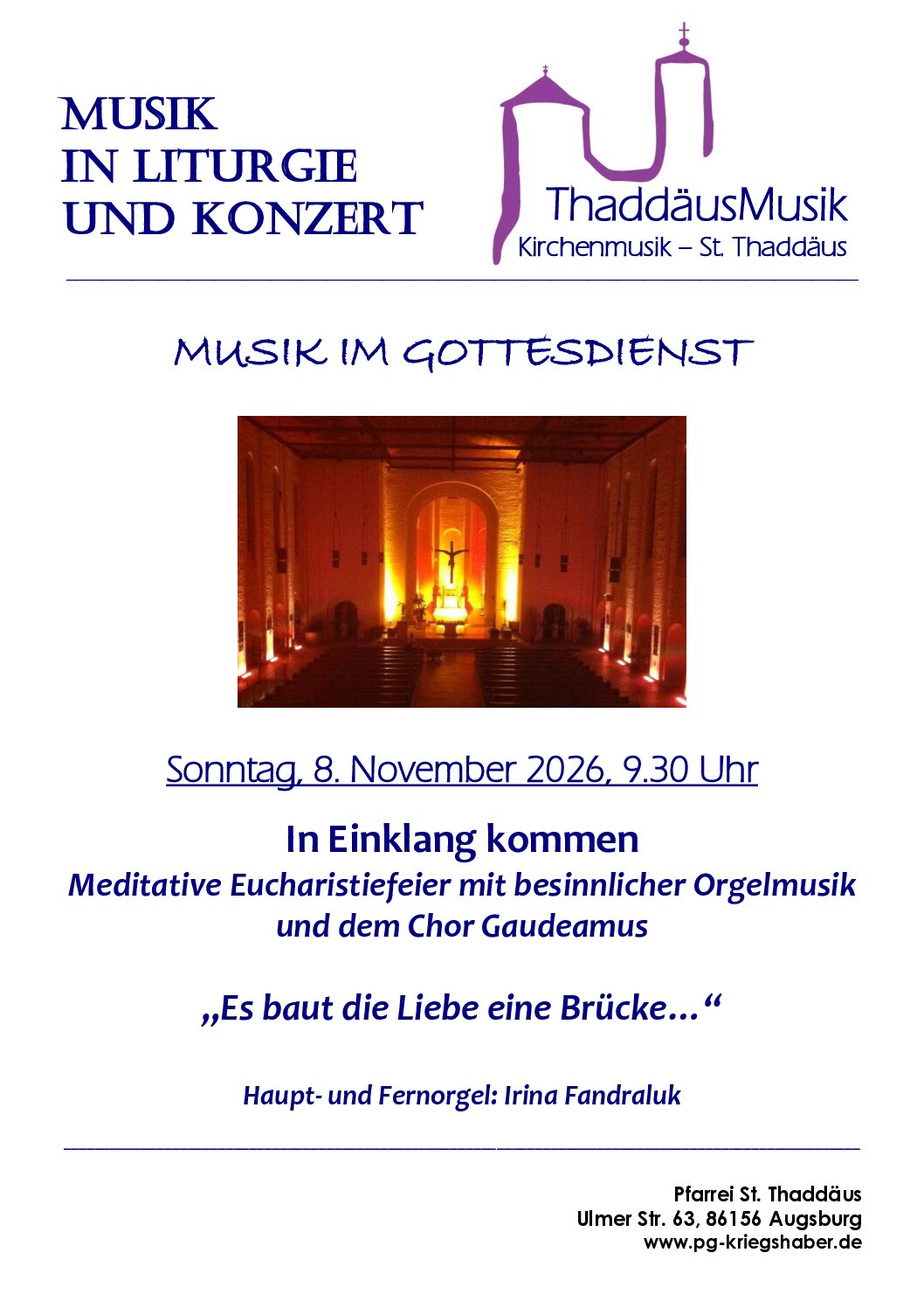 Meditativer Gottesdienst am Sonntag, 8.11. in St.Thaddäus
