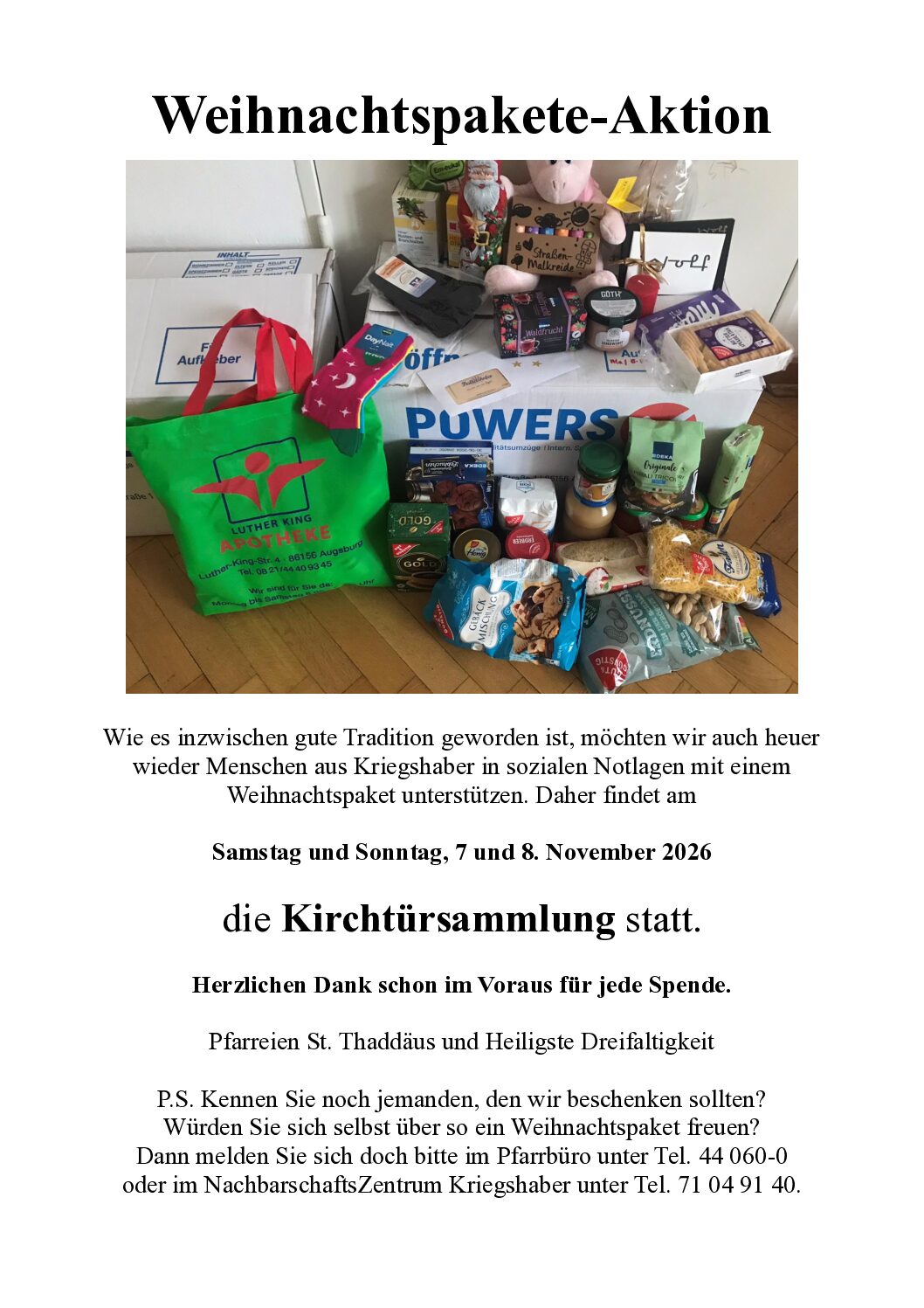 Kirchtürsammlung für Weihnachtspakete am 7. und 8. November